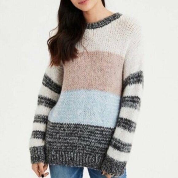 American Eagle Jegging Fit Chunky Color Block Wool Blend Sweater - Picture 1 of 9